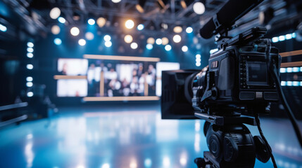 Close-up of a professional video camera in a television studio, with blurred lights and set in the background.