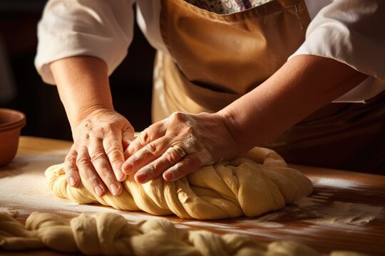 Close-up of a baker's hands braiding dough for a challah.