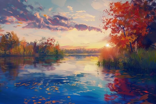 Serene autumn sunset over a tranquil river, digital landscape painting