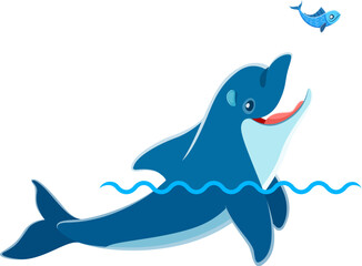 Cartoon cute dolphin character, funny sea or ocean animal in isolated vector. Little cheerful blue dolphin playing with fish friend or catching snack for kids mascot or child t-shirt and nursery print