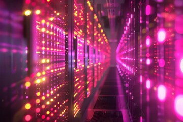Fototapeta na wymiar Server Room with Glowing LED Lights, Data Center Network Infrastructure, Technology Concept