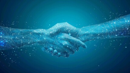 Two digital hands connected on a blue background. The hands are formed by lines, dots, and triangles creating a 3D effect. This is a business partnership concept, represented through a low poly wirefr
