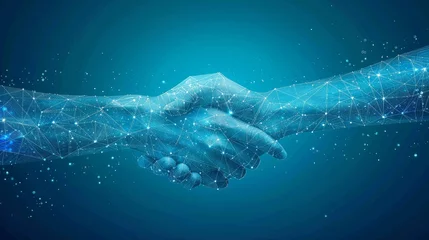 Fotobehang Two digital hands connected on a blue background. The hands are formed by lines, dots, and triangles creating a 3D effect. This is a business partnership concept, represented through a low poly wirefr © Farda