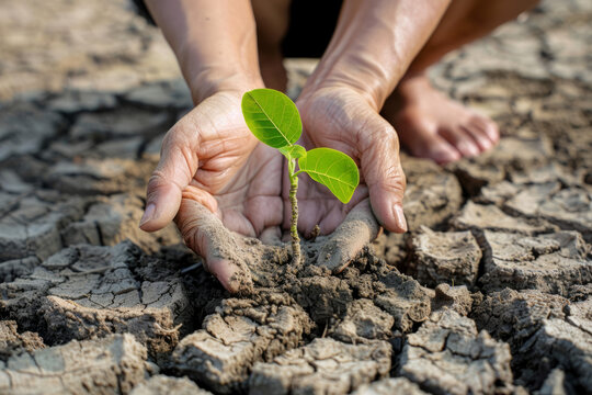 Hands nurturing a tree growing on parched earth