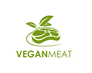 Vegan meat steak, plant beef icon. Isolated vector emblem with green leaf or sprout growing from the meatless, beef slice. Organic, ecological, plant-based cuisine, healthy vegetarian food