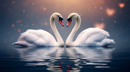 White swans in love on peaceful water background