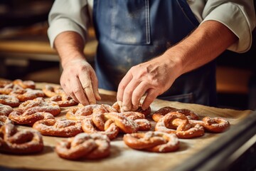 Obraz na płótnie Canvas Selective focus on a baker's hands forming pretzel shapes.