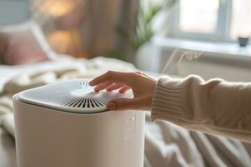 Woman’s hand pressing a button on an air purifier in a bedroom. Concept of protection against PM 2.5 dust and air pollution - obrazy, fototapety, plakaty