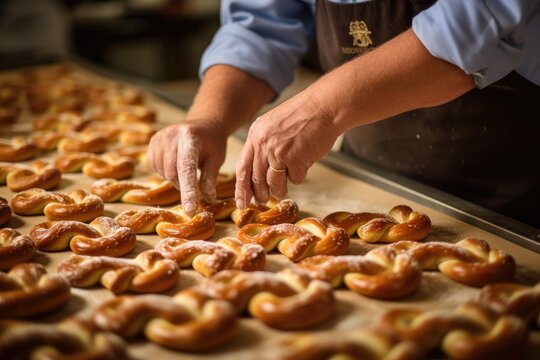 Selective focus on a baker's hands forming pretzel shapes.