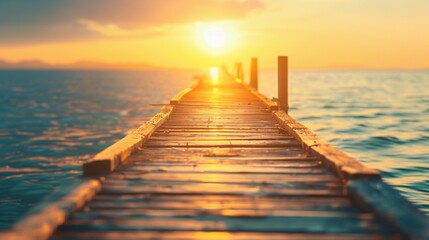 Picturesque sunset scene with a wooden jetty bathed in warm sunlight, contrasted against a bright white background, capturing the essence of a peaceful evening. - obrazy, fototapety, plakaty