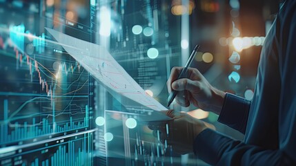 A close-up view depicts a businessman holding a paper and drawing stock charts, accompanied by a digital business interface, underscoring the essence of business and trade 