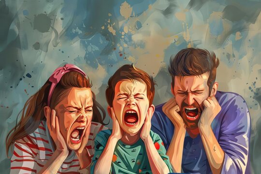 Stressed parents feeling desperate and annoyed by screaming child's tantrum, digital illustration