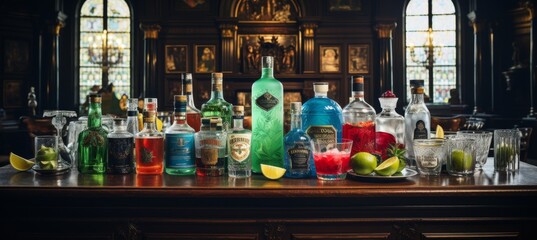 a stunning banner featuring an array of spirits and liquors elegantly displayed on a bar counter. - obrazy, fototapety, plakaty