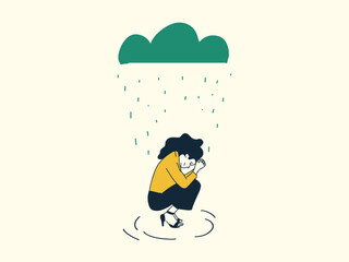 Business woman sittinig under the dark cloud rainning or business woman straggle under depression,