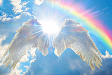 Angel wings floating with a rainbow arc and a bright burst of sunlight behind, against a blue sky backdrop