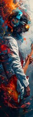 Capture the fusion of technology and creativity in a visually dynamic way Show a musician and an AI interface collaborating, evoking a sense of innovation and musical exploration