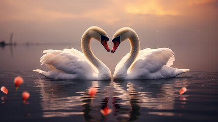 Fototapeta premium White swans in love on peaceful water background