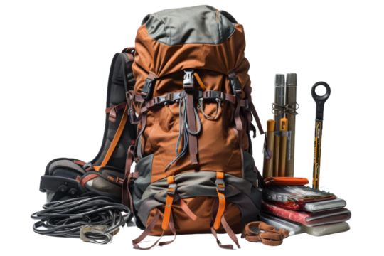 The Adventurers Treasure Trove: A Bursting Backpack of Exploration. On a White or Clear Surface PNG Transparent Background.