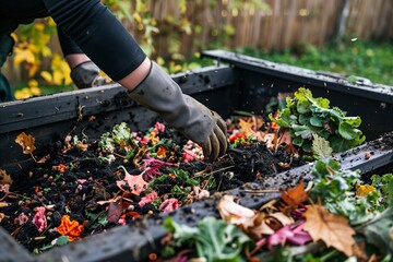 Hands diligently compost food waste into compost bin in backyard garden, fostering sustainability and eco-consciousness. Environmental stewardship, promoting organic recycling and soil enrichment
