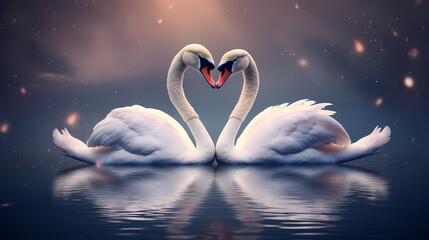 White swans in love on peaceful water background