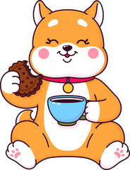Cartoon japanese kawaii shiba inu puppy character with coffee and donut. Isolated vector dog with happy smile on its face enjoys a fun party. Cute animal personage sipping drink and munching cookie