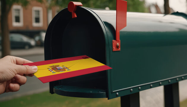 Close-up of person putting on letters with flag Spain in mailbox