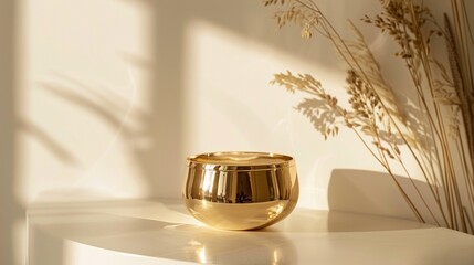 Radiant gold beauty item showcased against a pure white surface.