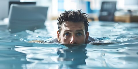 Overworked Businessman Submerged in Water at Office: A Symbol of Burnout, Stress, and Financial Struggles. Concept Businessman, Burnout, Stress, Financial Struggles, Symbol - obrazy, fototapety, plakaty