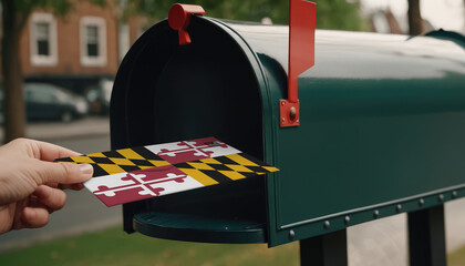 Close-up of person putting on letters with flag Maryland in mailbox - obrazy, fototapety, plakaty