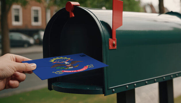 Close-up of person putting on letters with flag North Dakota in mailbox