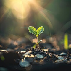 A seedling growing from a pile of coins in soft morning light representing growth from investment - obrazy, fototapety, plakaty