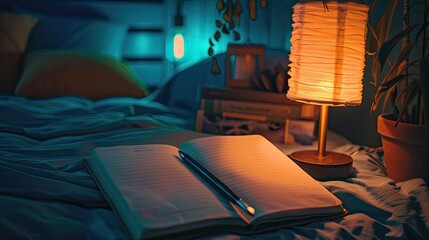 An image of a sleep journal and a pen on a nightstand highlighting the practice of reflecting or planning to ease the mind before sleep