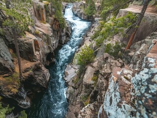 A breathtaking view from the top of a waterfall looking down at the river below