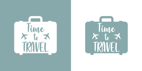 Logo travel. Silueta de maleta de viaje con texto manuscrito time to travel con aviones para agencia de viajes