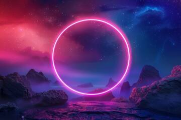 Abstract neon background with geometric circle shape, Beautiful frame and extraterrestrial landscape under the night sky and Rocks. Futuristic minimalist wallpaper, generative ai