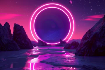Gartenposter Abstract neon background with geometric circle shape, Beautiful frame and extraterrestrial landscape under the night sky and Rocks. Futuristic minimalist wallpaper, generative ai © STOCKAI