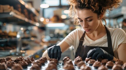 Woman chocolatier in an apron and black food gloves making artisan homemade bonbon chocolate. Baker or chocolatier preparing chocolate bonbons. World chocolate day concept. Generative ai