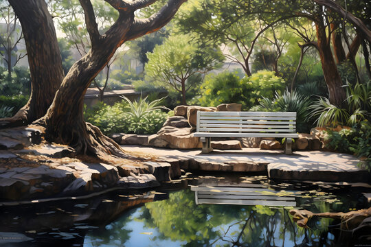 Bench by the Reflecting Pool Painting. generative ai