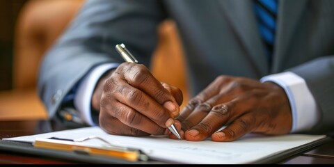Close-up of a businessman's hand writing notes on a legal pad.  - obrazy, fototapety, plakaty