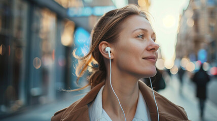 A happy woman looking sideways with a joyful expression, enjoys listening to music with earphones in the bustling city, immersing herself in the rhythm of urban life - obrazy, fototapety, plakaty