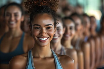 Fototapeta premium Diverse group of happy young women exercising together and smiling at the gym during wellness class