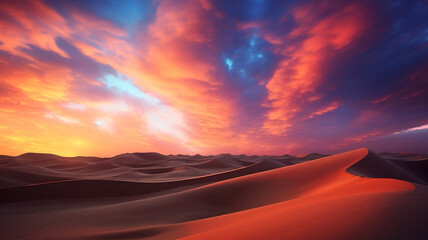 Desert under a vibrant sunset sky, capturing the serene and untouched beauty of the landscape - obrazy, fototapety, plakaty