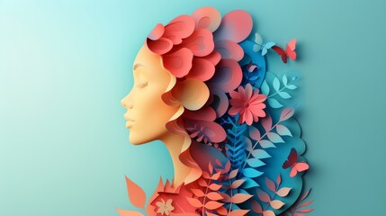 World Maternal Mental Health Day. Happy Mother's day. Floral decorations in paper art style. Paper craft card of young woman with flowers in her hair. Generative ai