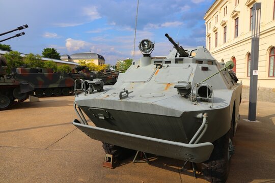 DRESDEN, GERMANY - MAY 10, 2018: Outdoor display in front of Bundeswehr Military History Museum in Dresden, Germany. BRDM-2 amphibious armoured scout car, Soviet and Russian military vehicle.