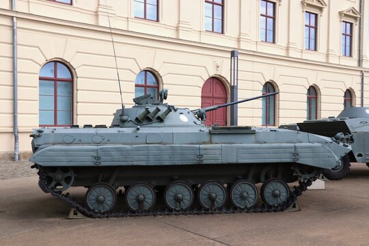 DRESDEN, GERMANY - MAY 10, 2018: Outdoor display in front of Bundeswehr Military History Museum in Dresden, Germany. BMP-2 amphibious Soviet and Russian armoured infantry fighting vehicle (IFV).