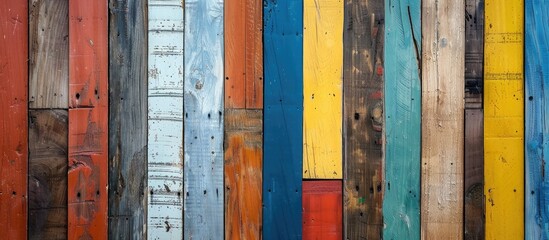 Vividly colored wooden boards displayed on a wall.