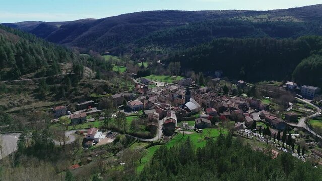 Mountain Village Aerial View in Spring