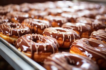 Selective focus on a tray of just-glazed donuts. - obrazy, fototapety, plakaty