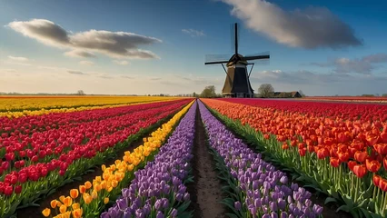 Poster landscape of blooming colorful tulip field, traditional Dutch windmill and blue cloudy sky © ASGraphics