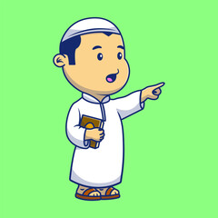 Cute Moslem Boy Holding Holy Quran Cartoon Vector Icons Illustration. Flat Cartoon Concept. Suitable for any creative project.